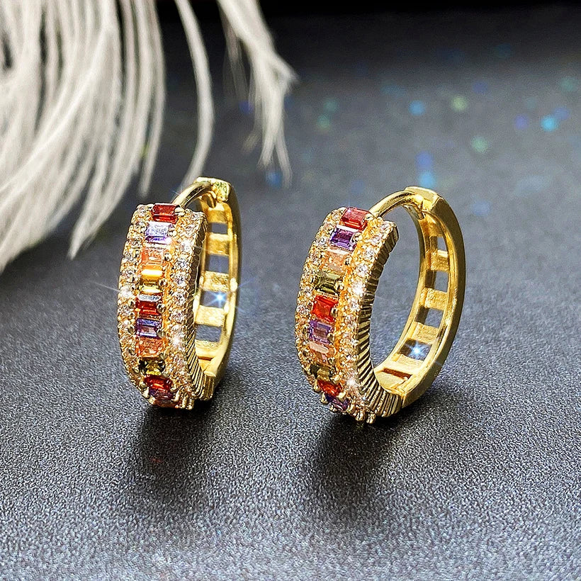 CAOSHI Hot Sale 14K Gold Plated Brass Zircon Huggie Hoop Jewelry Colorful Rainbow Cubic Zirconia Women Ladies Earrings