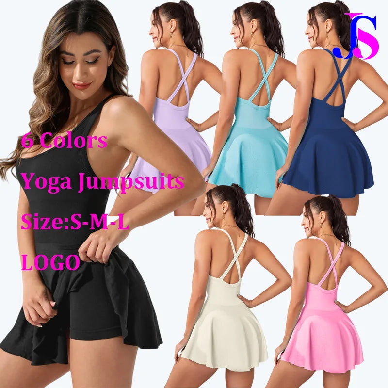 Women Cross Back Dress Yoga Jumpsuits Gym Fitness BodySuit Workout Clothes Sportswear Tracksuits Shapewear Tennis Skirt With Cup