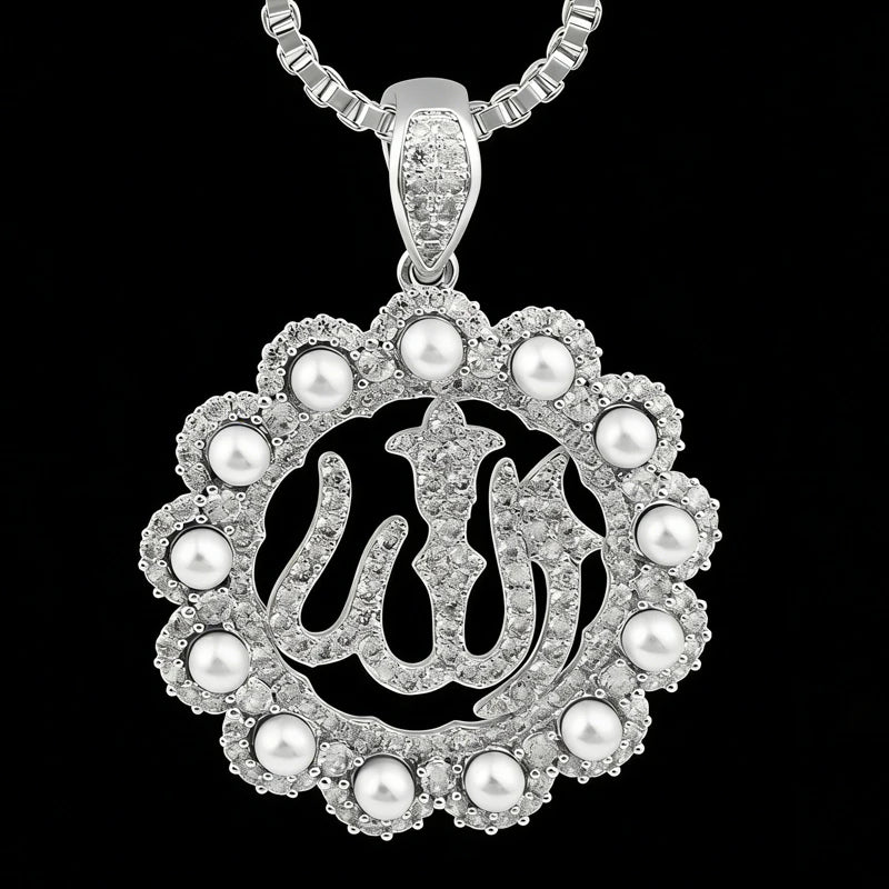 925 Sterling Silver  Islamic Jewelry Allah Pendant Necklace with Freshwater Pearls and Moissanite Stones for Women