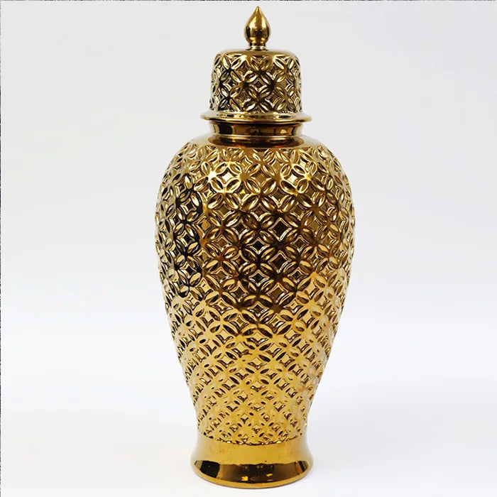 Porcelain Storage Jar Golden Ceramic Jar Flower Vase Bottle With Lid