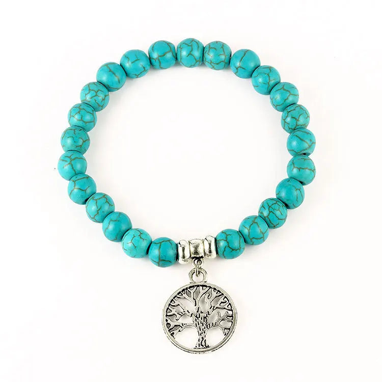 8mm Turquoise Stretch Bracelet Lucky Tree Cross Pendant Elastic String Bohemian Fashion Natural Jewellery Heart-Shaped Bangles