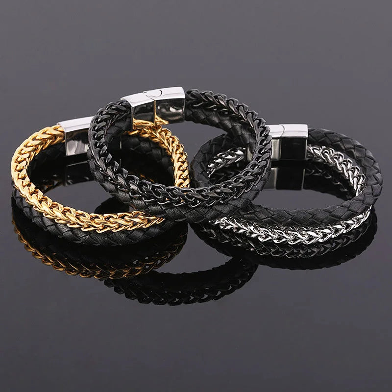 Top Quality Stainless Steel Chains Genuine Leather Bracelet for Men Custom Logo