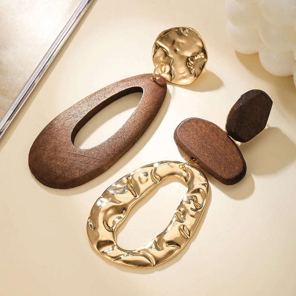 Wooden Alloy Oval Circle Drop-shaped Earrings Creative Retro Simple Classic Solid Color Original Wood Geometric Earrings