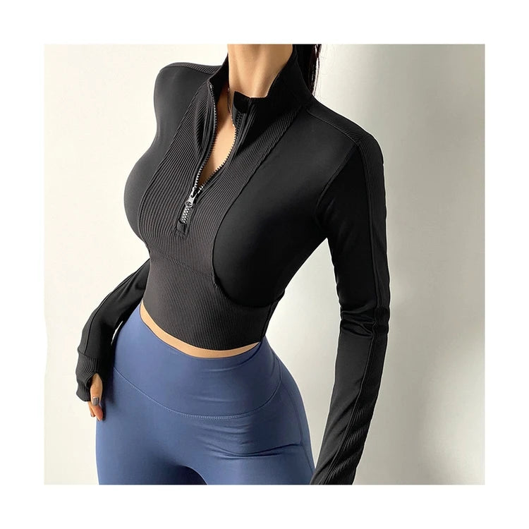 Half Zipper Sports Jacket With Pocket Tight Yoga Clothes Short Style Cycling Fitness Long Sleeve Quick-Drying Crop Top