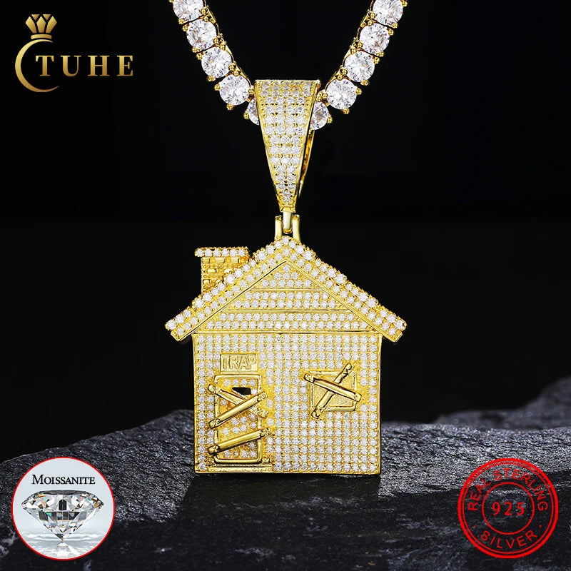 2023 Trendy Moissanite Jewelry 925 Sterling Silver VVS Diamond Iced Out Blocked Door Hut House Pendant for Men Women