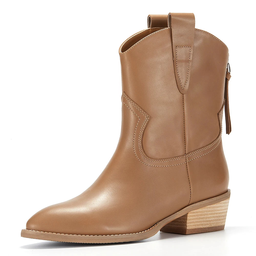 Women's Fashion Mid-Calf Chunky Ankle Boots Calf Leather Chelsea Low Heel Hard-Wearing for Autumn Season