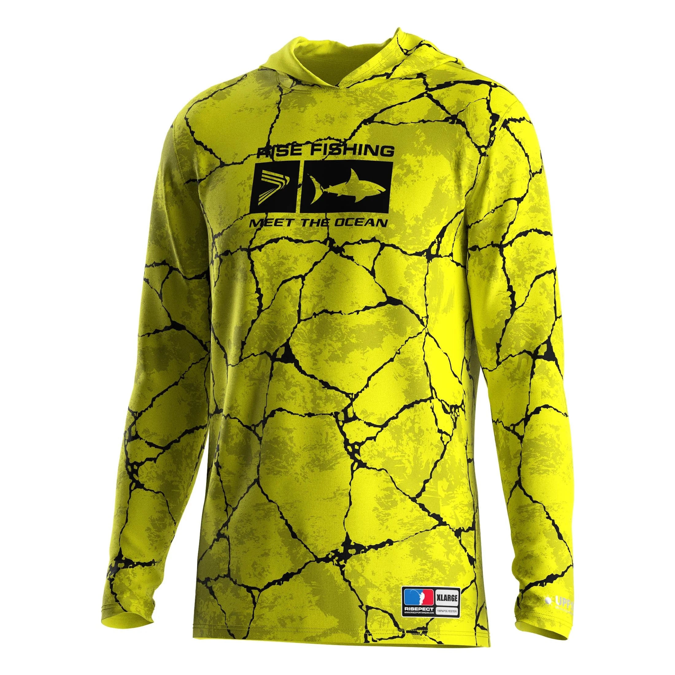 Men's Stretch Fishing Hoodie Fluorescent Print High Visibility Neon Yellow Full Mobility for Casting Boating