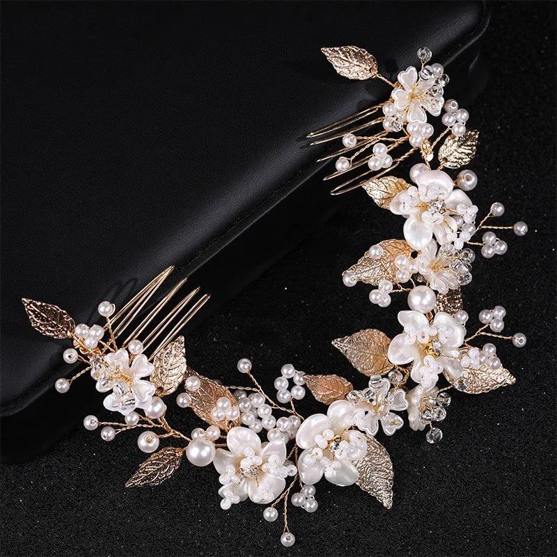 Miallo Bridal Ceramic Flower Leaf Double Hair Comb Handmade European Bride Wedding Hair Accessories