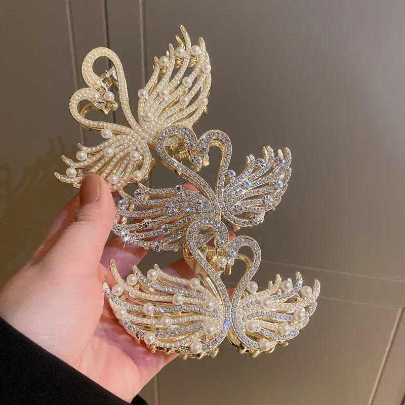 Wholesale New Trend Luxury Rhinestone Crystal Pearl Swan Hair Claw Vintage Extra Large Swan Alloy Hair Clamps For Thick Hair