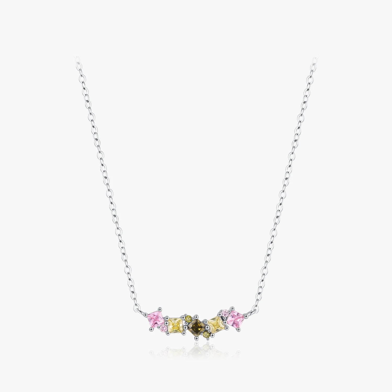 Trendy Link Chain for Women Party Fine Jewelry 925 Sterling Silver Cut Rainbow Candy Princess Cut Zirconia Pendant Necklace