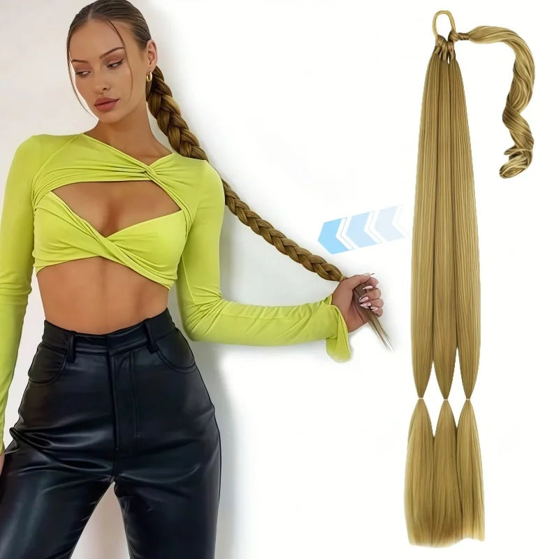 Synthetic 30Inch DIY Braided Ponytail Hair Extensions With Rubber Elastic Hair Bands for Women Drawstring Braided Ponytail