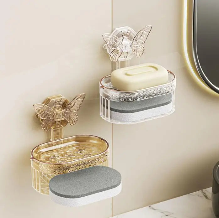 Double Layer Self-Adhesive Drain Bathroom Soap Holder Suction Wall Mounting Plastic Toilet Soap Holder