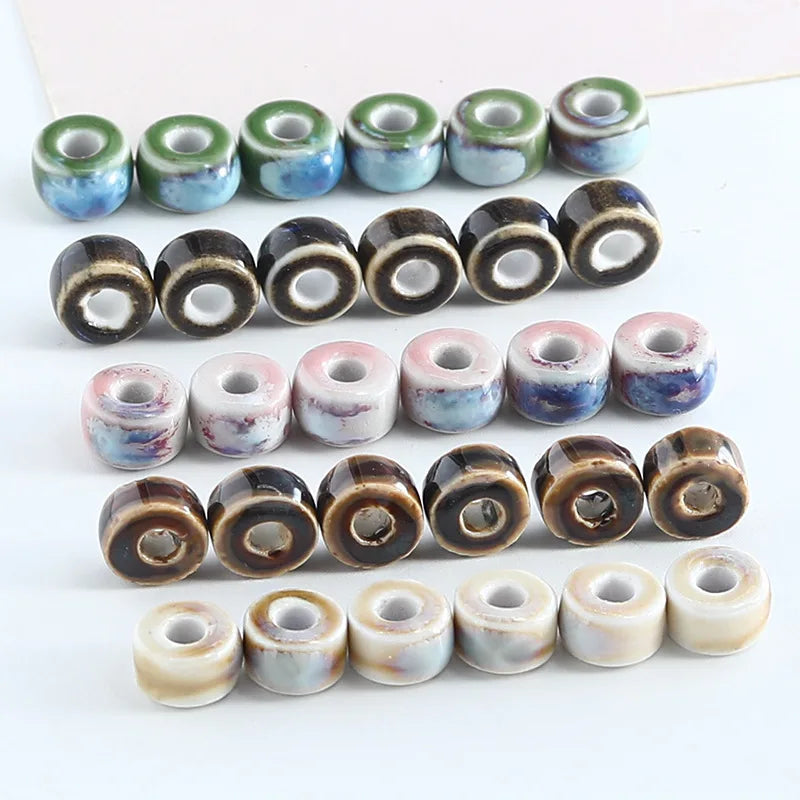 High Temperature Kiln 10mm Colorful Ceramic Charms Handmade Big Hole Flat Round Loose Beaded for DIY Jewelry Making Accessories