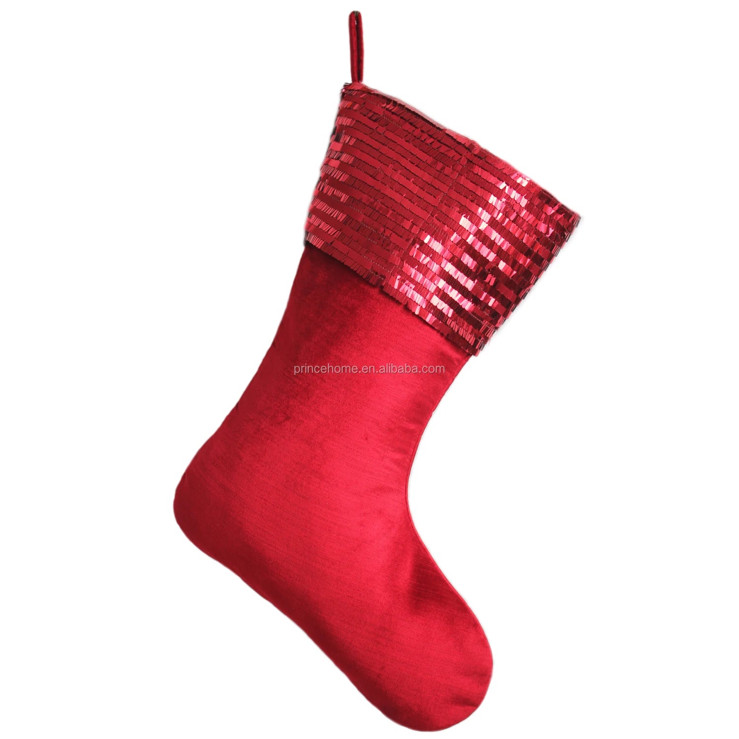 Sorrento Red or Silver Faux Silk Christmas Stocking with Sequin BlingBling Cuff 10x19inch