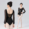 Women Slit Long Sleeve Ballet Leotards Adult Square Collar Lace Velvet Splice Gymnastics Yoga Latin Dance Wear