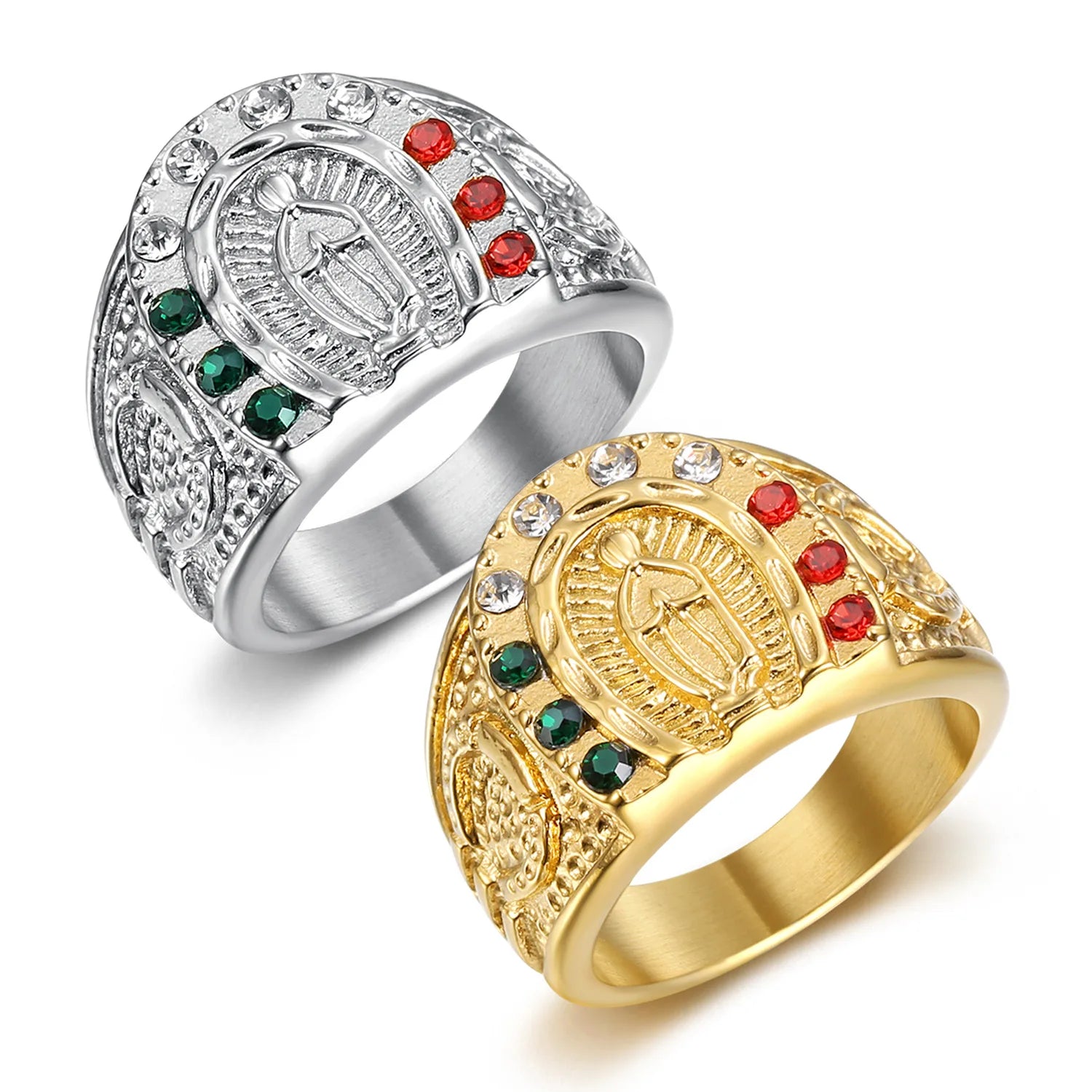 Vintage Religious Hip Hop Statement Stackable Band Mens Stainless Steel 18K Gold Zircon Bling Iced Out Guadalupe La Virgen Ring