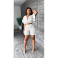2023 Summer Hot Sexy Breathable V Neck Ruffle Short Sleeve Tops and Shorts Solid Color 2 Pieces Women Set Suits