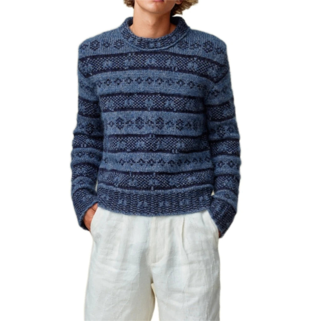 2026 Men's Custom Jacquard Wool Mohair Pullover Winter Long Sleeve Soft Warm Neck Thick Knitwear Breathable Anti-Shrink Sweater