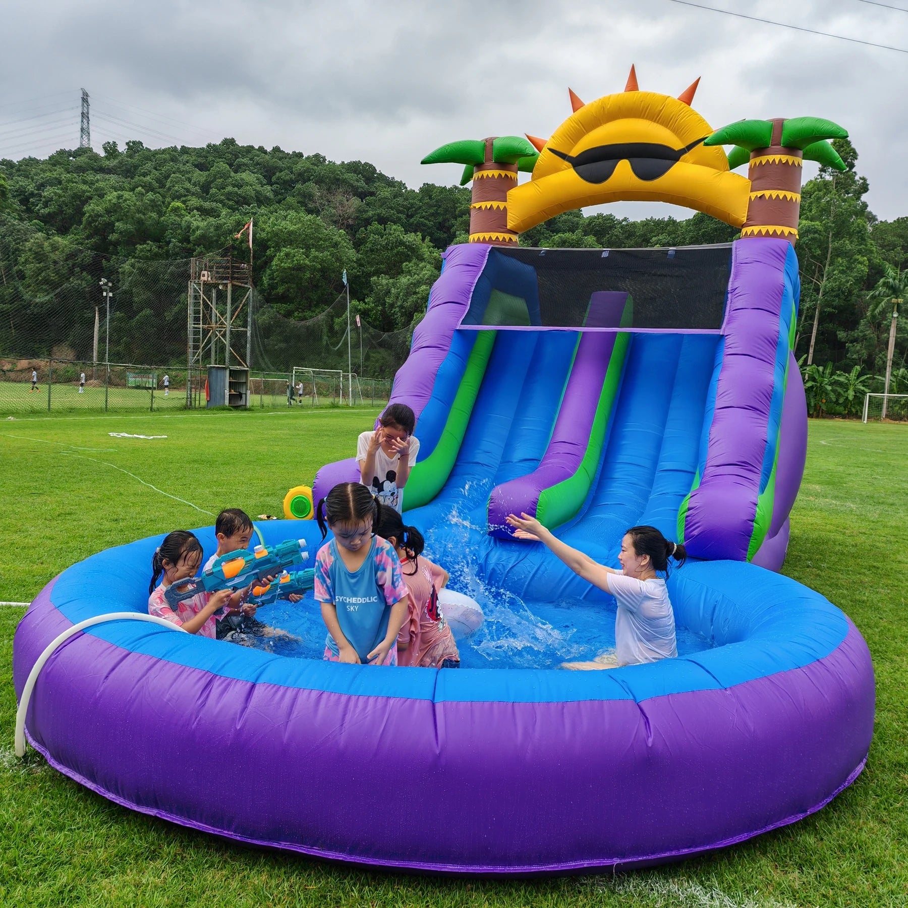 Commercial PVC Double Lane Inflatable Water Slides with Pool and ClimbingBlower
