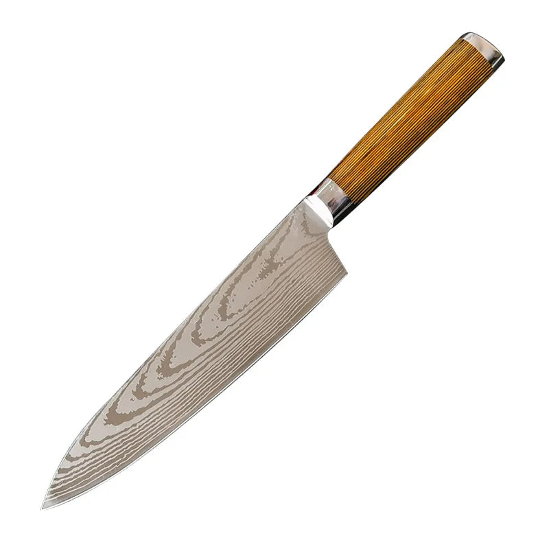 High Quality 8 Inch Chef Knife with Yellow Pakkawood Handle 7cr17 Stainless Steel Damascus Pattern Kitchen Knife Metal Material