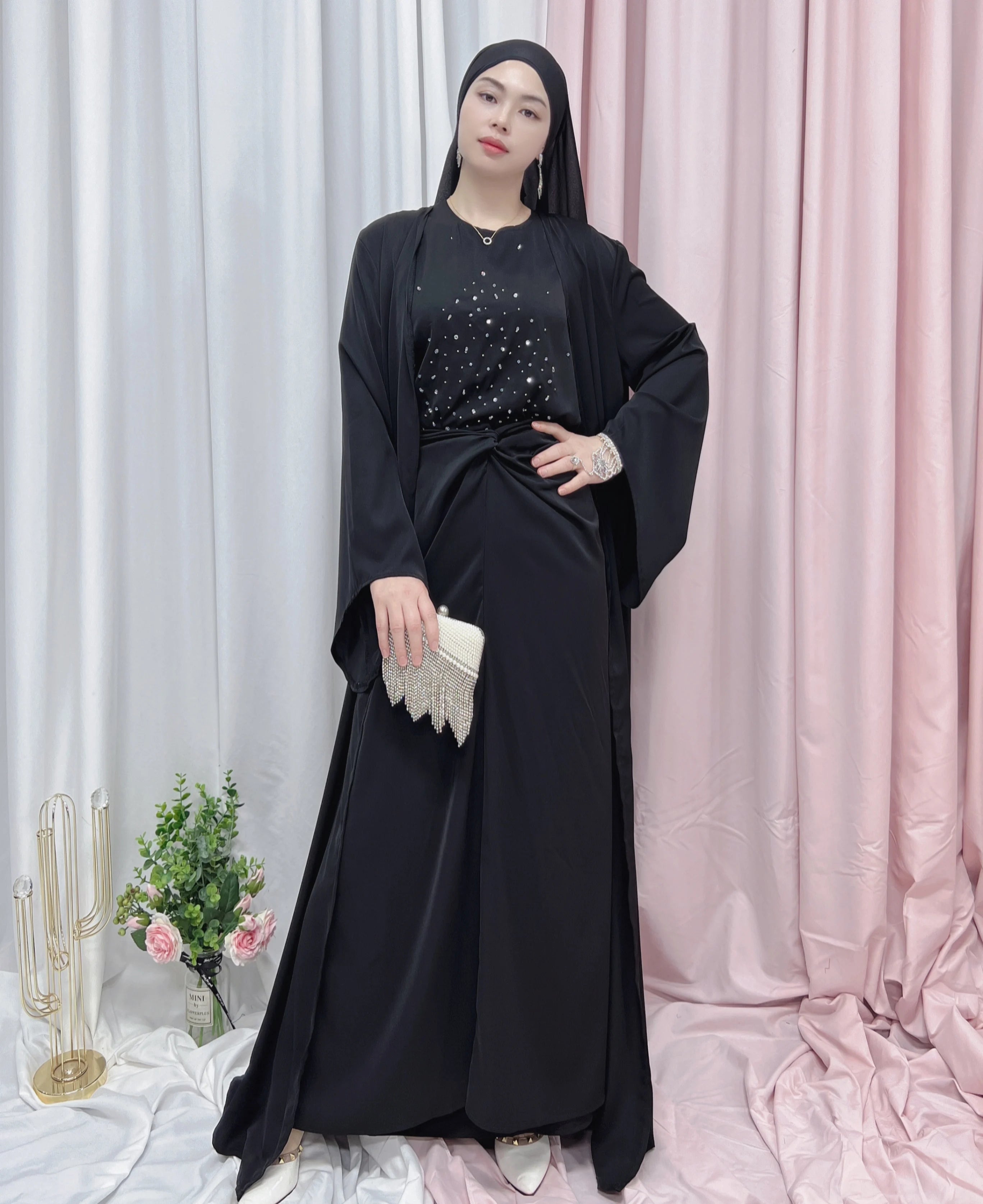 2022 Latest Design Traditional Muslim Clothing Nida Handmade Peal 3 Pc Set Black Muslim Abaya Women Maxi Dresses