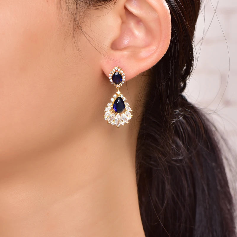 Blue Gemstone Water Drop Earrings Zirconia Jewelry Set Earrings Full Set High Jewelry Dinner with