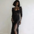 Y2k Fashion Square Collar High Slit Dress Lady Elegant Women Modest Long Black Lace Beach Vacation Dress
