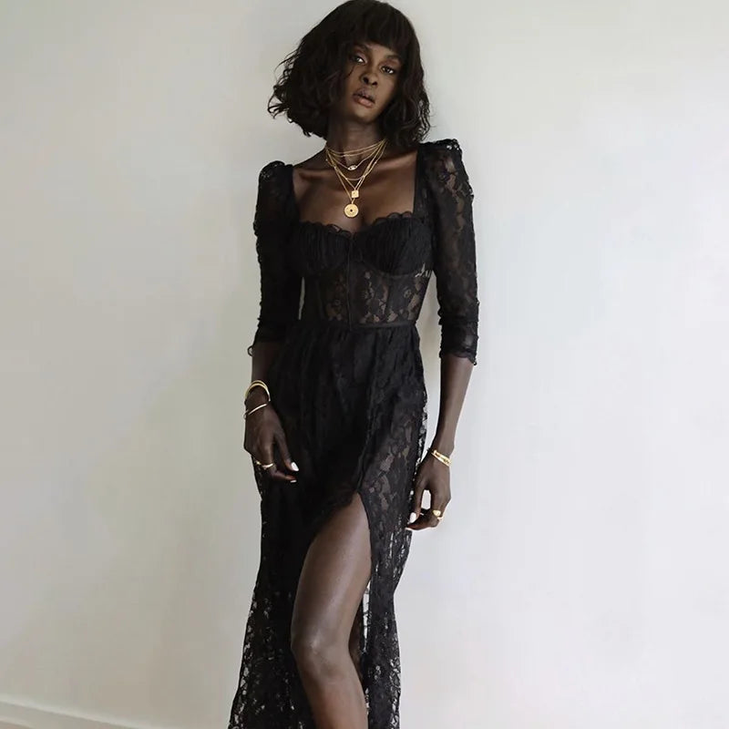 Y2k Fashion Square Collar High Slit Dress Lady Elegant Women Modest Long Black Lace Beach Vacation Dress