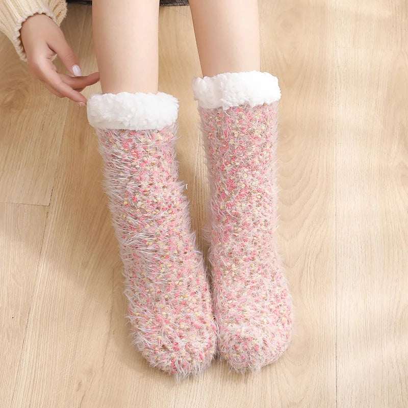 Autumn Winter Thick Velvet Slippers Socks Floral Patterned Ankle-Length Carpet Socks with Logo on Cuff Home Warming for Adults