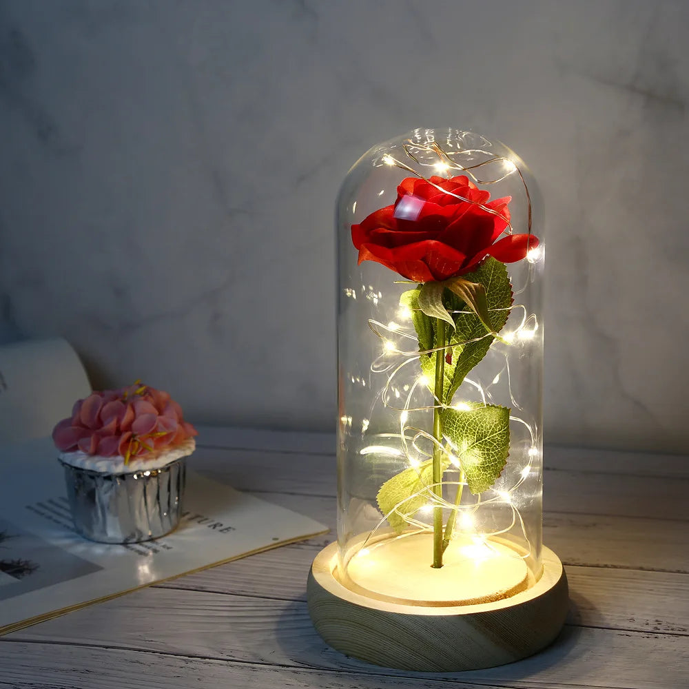 Mothers Day Birthday Gifts galaxy Enchanted Red Rose Under Glass Dome with Led Light Home Office Decor