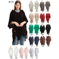 Landfond Accessory Women's Hooded Zigzag Plain Knit Cape Poncho Sweater With Fringes