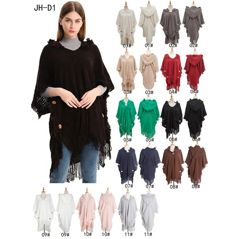 Landfond Accessory Women's Hooded Zigzag Plain Knit Cape Poncho Sweater With Fringes