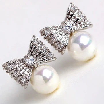 Huitan Glossy Sweet Pearl Drop Earrings Pure Bow CZ Romantic Girls Korean Design Lady Women Silver Pearl Earrings