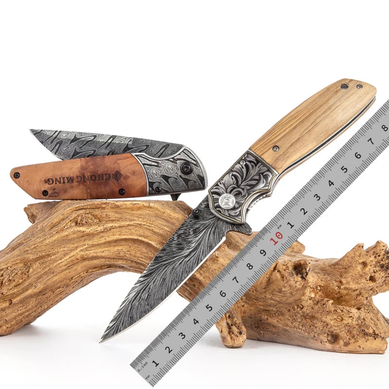 2025 Best Selling Wholesale Custom 3D Printing Steel Blade Olive Wooden Handle EDC Outdoor Pocket Camping Hunting Folding Knife