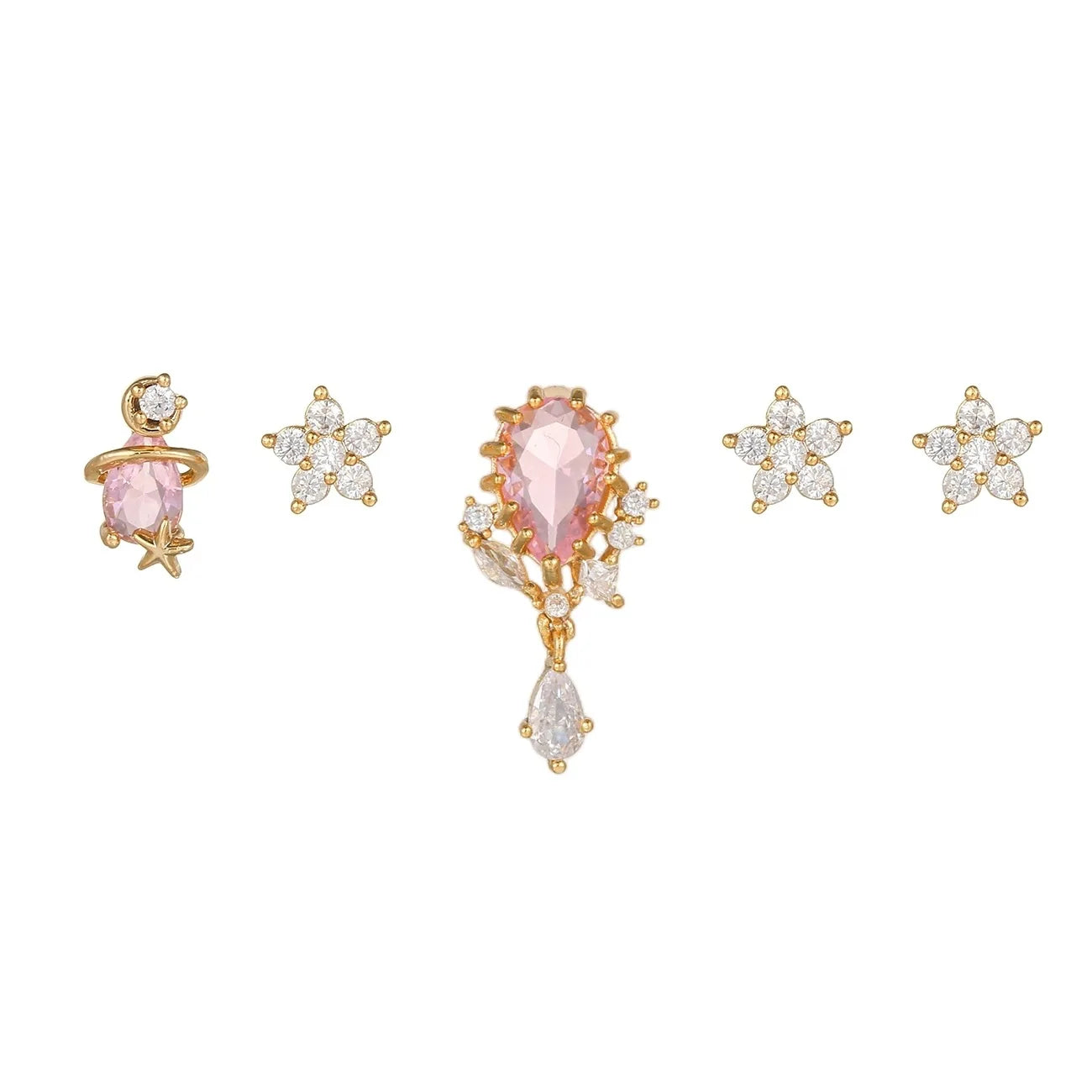 Ins Style Zircon Ear Stud Set Pink Series Ear Accessories Five-piece Earrings Set Small and Exquisite Flower18k Brass for Women