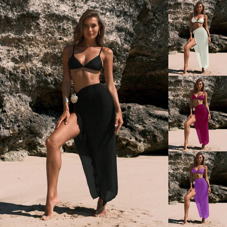 New Long Skirt Floral Beach Suit Solid Color Bikini Three Piece Vacation Swimsuit Women
