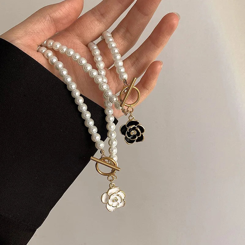 OT Women's Trendy Gold Plated Clavicle Chain Necklace Camellia Pendant Pearl with Wedding/Party Occasion