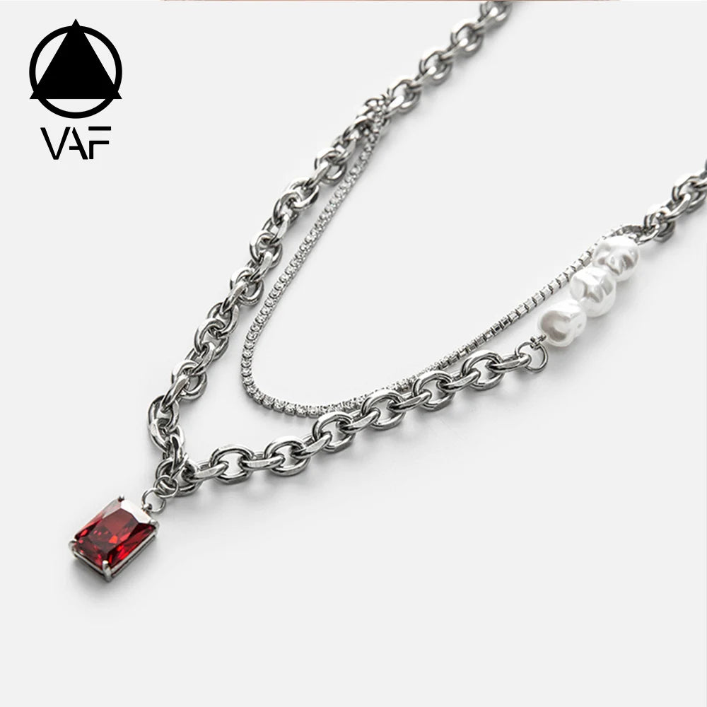 VAF 50CM Double Layer Tennis Chain Red Zircon Gemstone Cadena Tennis Pendant Necklace With Round Cable Chain Cadena Tennis