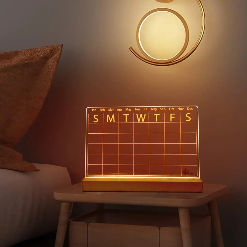 3mm Acrylic Dry Erase Monthly Calendar Memo Notes Whiteboard Illusion Real Wood Holder Led Lamp Base with Color Pens