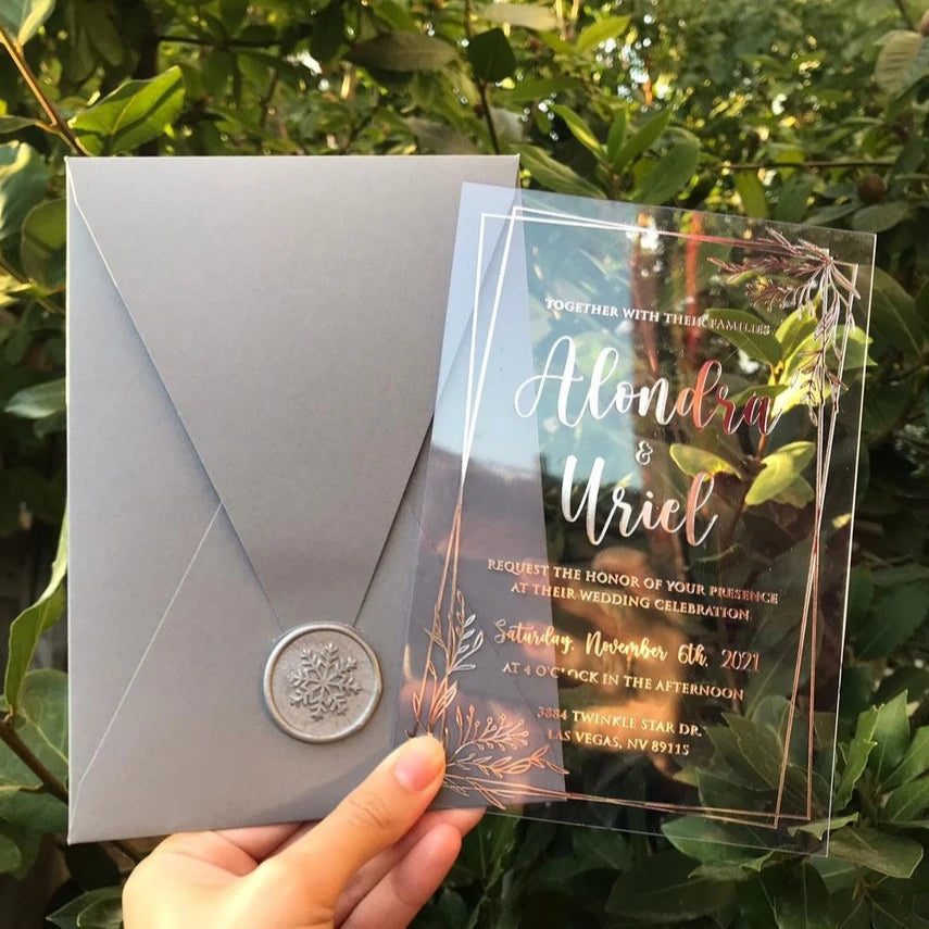 Silver Foil Acrylic Wedding Invitations Envelope With Wax Seal and Dried Flowers for Quinceanera Marriage Convite De Casamento