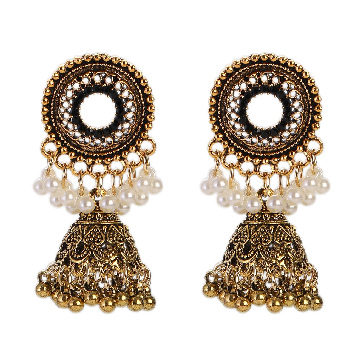 Retro Bollywood Oxidized Earrings Womens Ethnic Flower Gold Plated Afghan Bell Tassel Jhumka Indian Earrings Wedding Jewelry