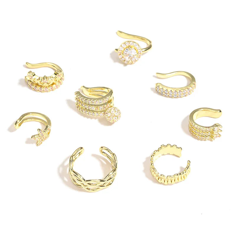 European American Fashion Zircon Clip Earrings for Women Simple Multiple Gold Brass Ear Cuffs for Party & Gift