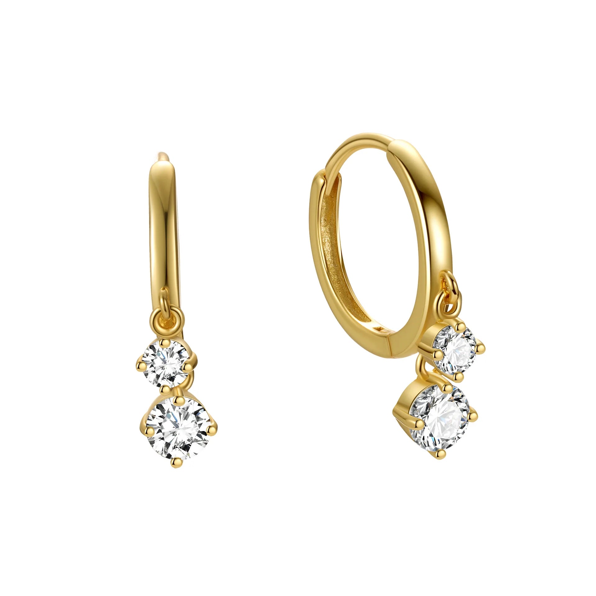 Fashion Jewelry 925 Sterling Silver Two Double Round Diamond Zircon Drop Pendant Gold Plated Hoop Earrings for Women
