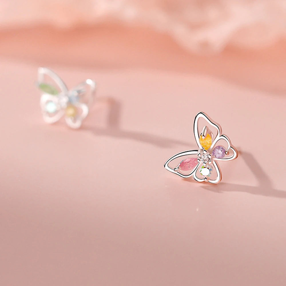 Wholesale Fashion Jewelry Bulk Trendy Girls Small 925 Sterling Silver Colorful Zircon butterfly Stud Earrings Necklace Set