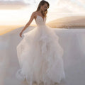 13832# Fashion A-Line Spaghetti Straps Wedding Dresses 2022 Boho Tiered Tulle Appliques Bridal Gown Lace V-Neck Button Train