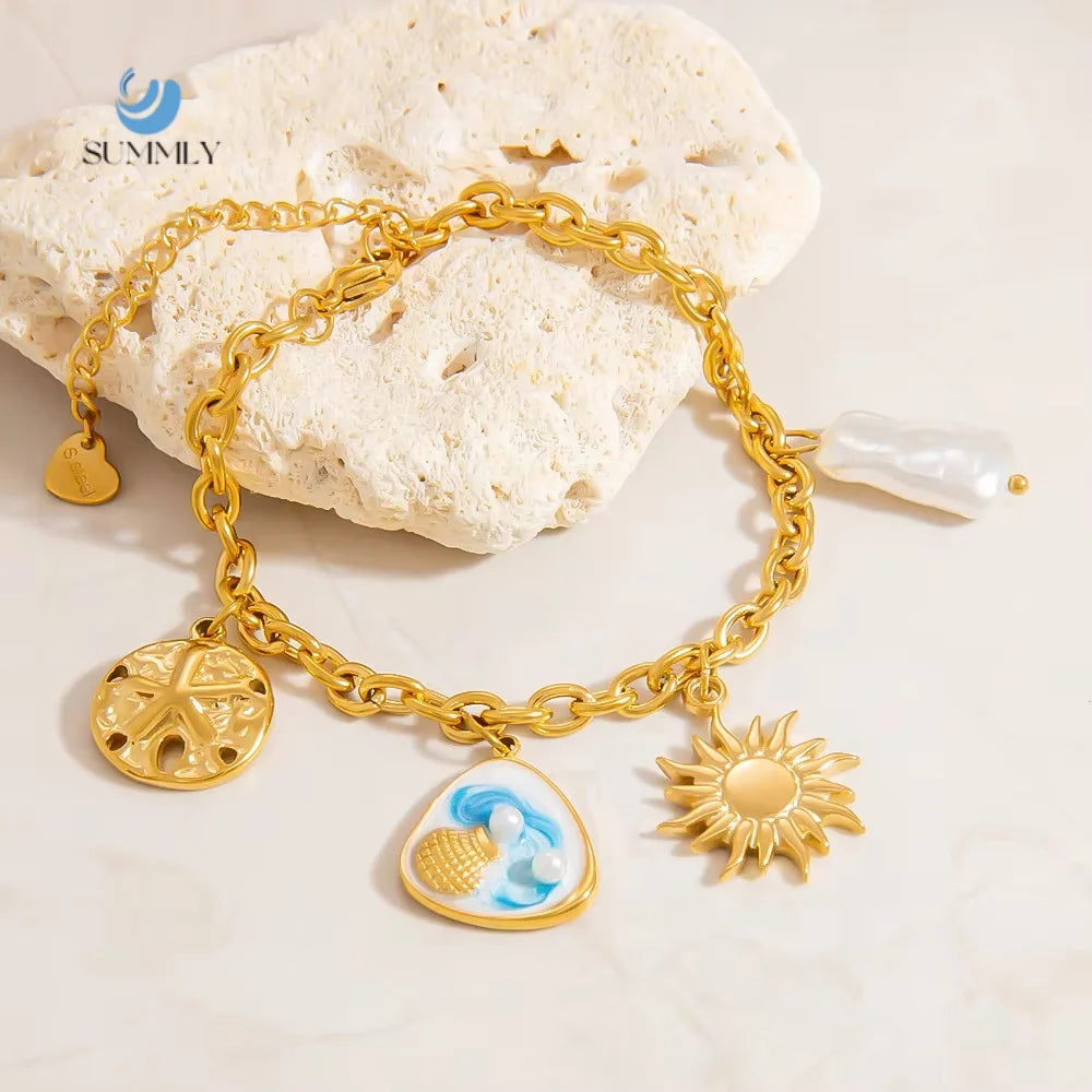 SUMMLY Trend Wholesale Personalized Shell Pendant 18K Gold Plated Stainless Steel Chain Bracelet Fashion Jewelry