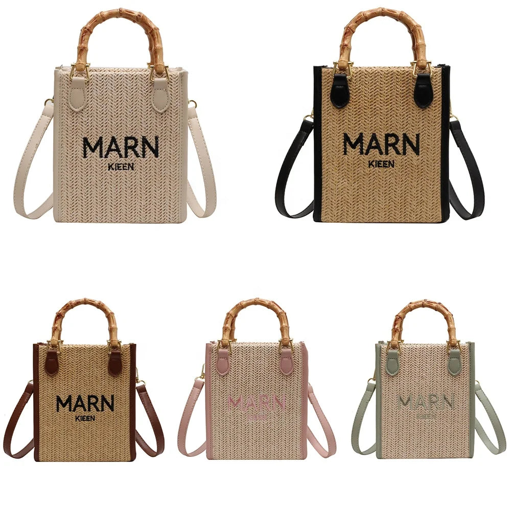 Handmade Crochet Vintage Bamboo Straw Bag for Women National Style Casual Tote Summer Beach Fashion Letter Design Shoulder Purse