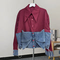 Early Spring New Long Sleeve Splicing Denim Design Sense Slim Shirt Bow Decorative Shirt Top