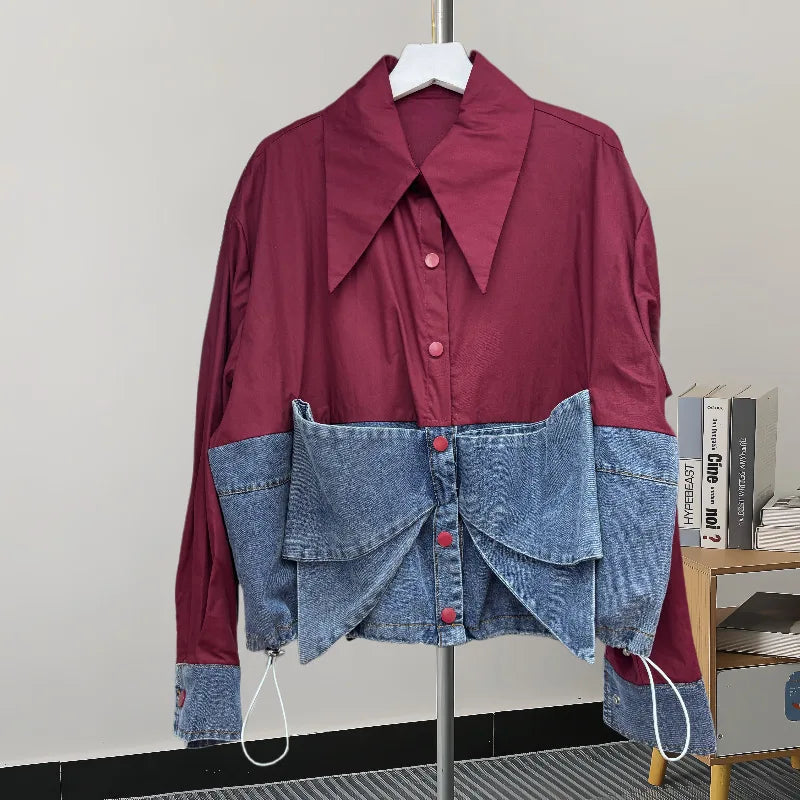 Early Spring New Long Sleeve Splicing Denim Design Sense Slim Shirt Bow Decorative Shirt Top