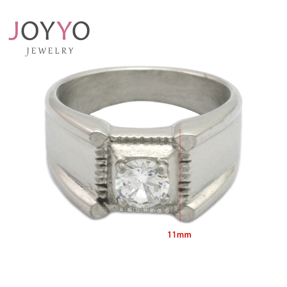 Custom Men's Stainless Steel Princess Cut Wedding Ring with Silver Plating Trendy CZ Design for Party Occasions